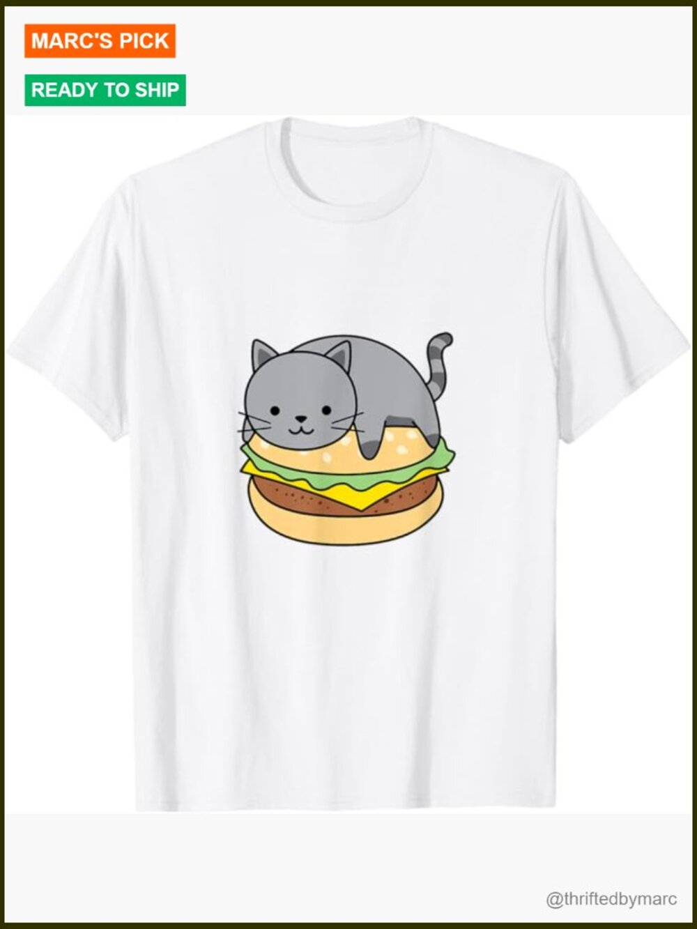 Hamburger Cat Cartoon T-Shirt Short Sleeve Round Neck